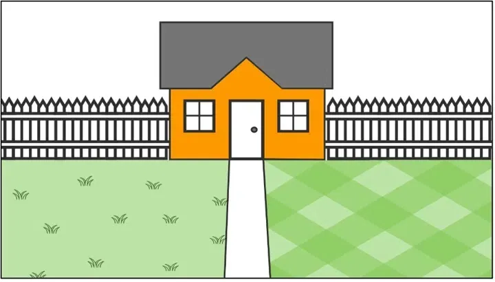 A picture with a house on a green lawn with fence on either side.