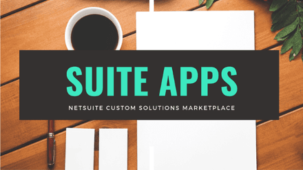 A table with stationary and a text box saying Suite Apps NetSuite Custom Solutions Marketplace.