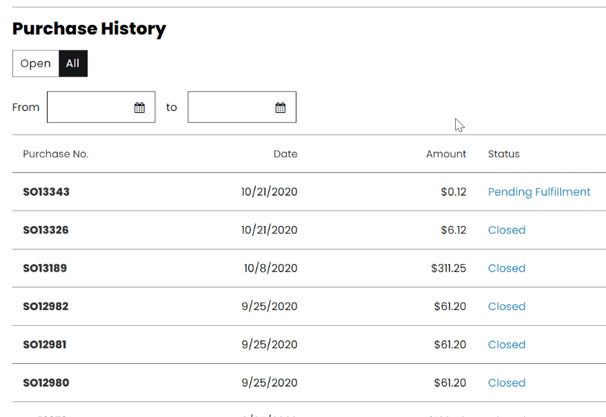 SuiteCommerce Purchase History