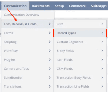 NetSuite Customization Lists Records and Fields Record Types Navigation