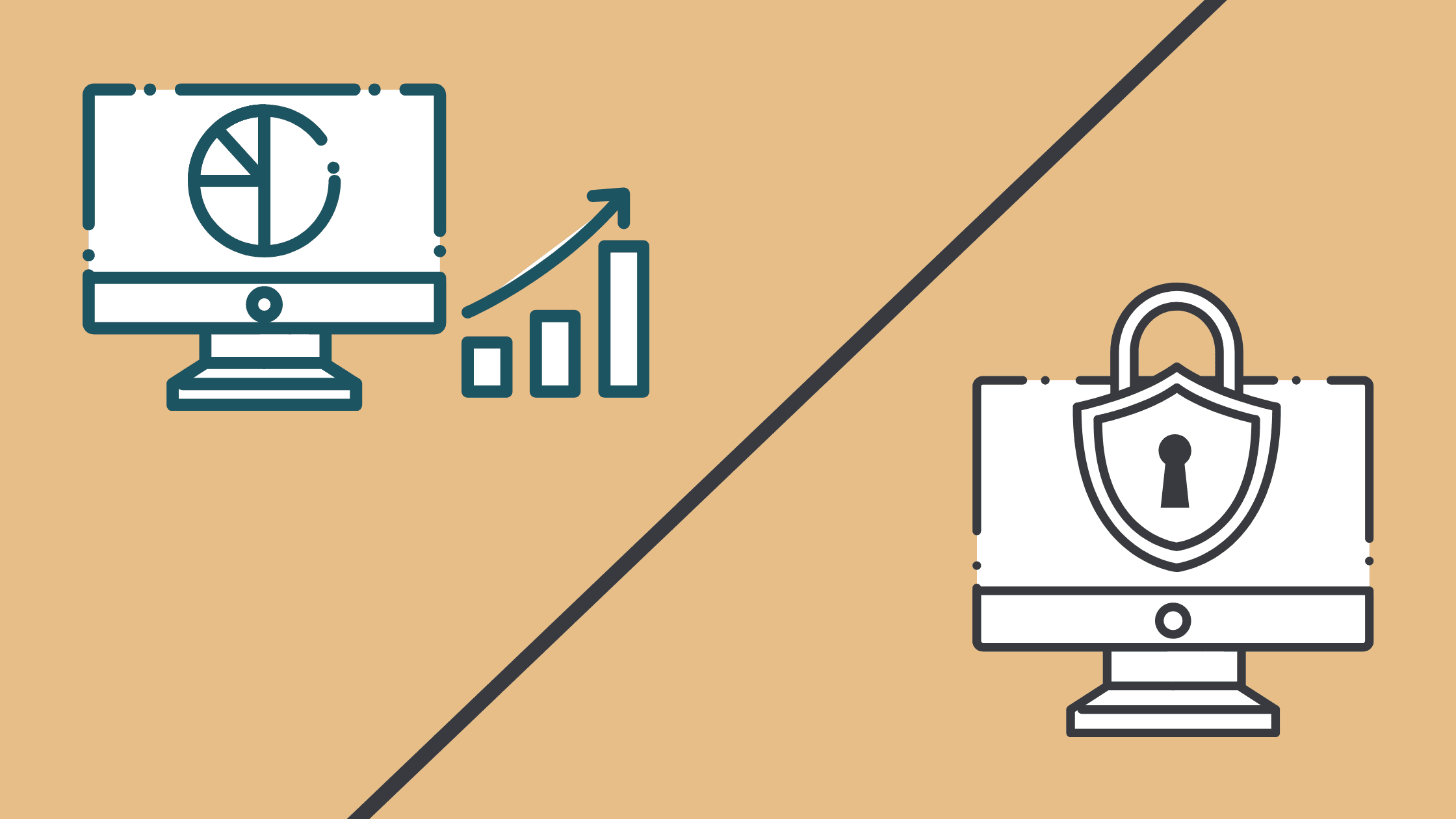 Two icons: a computer and a padlock, symbolizing digital security and online protection.