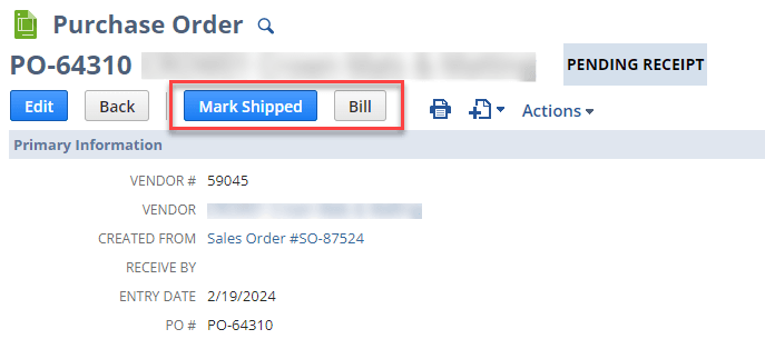 NetSuite Purchase Order Mark Shipped Bill Buttons