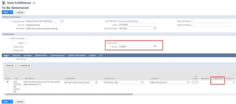 NetSuite Item Fulfillment Shipped Date Committed