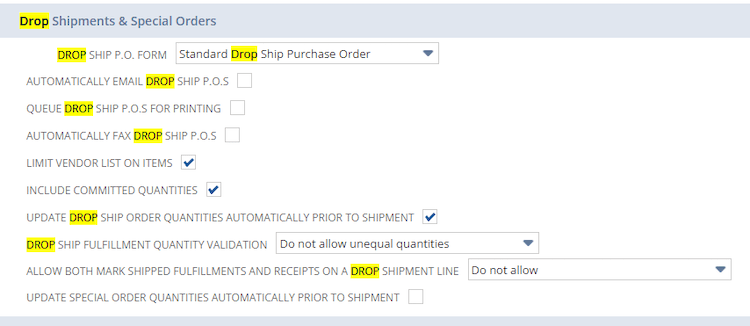 NetSuite Drop Shipment and Special Orders Settings