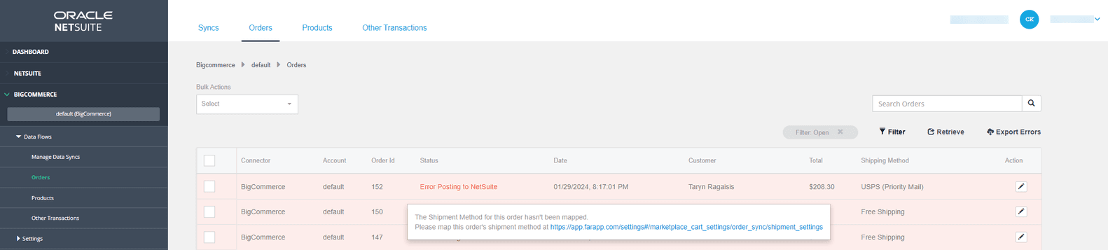 NetSuite BigCommerce Connector Possible Errors