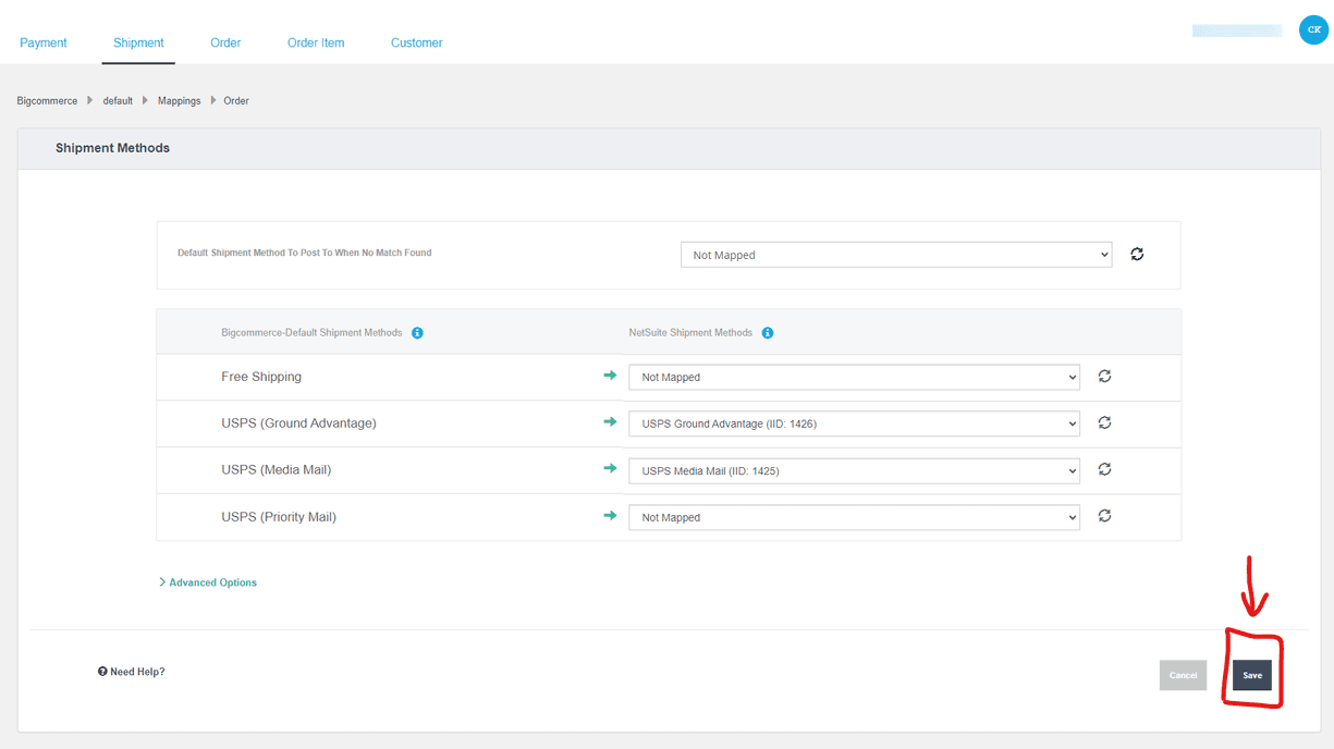 NetSuite BigCommerce Connector Shipment Methods Mapping