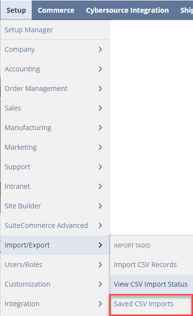 Saved CSV Imports NetSuite Navigation
