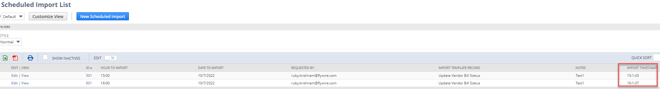 Scheduled Import List Timestamp NetSuite