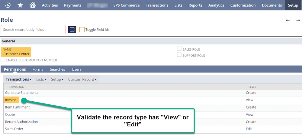 NetSuite Role Customer Center Permissions Transactions Invoice