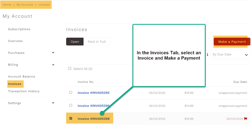 SuiteCommerce My Account Invoice Tab Select Make a Payment