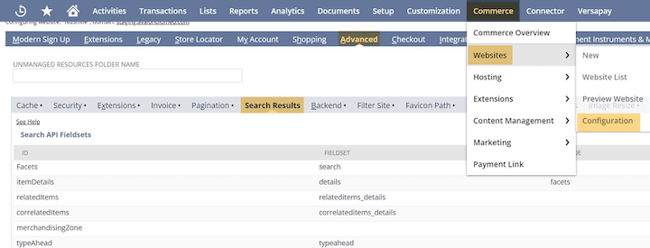 NetSuite Commerce Websites Configuration Search Results