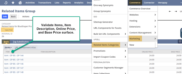 NetSuite Related Items Categories Marketing Settings