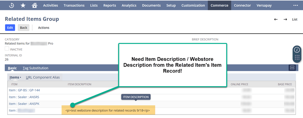 NetSuite Related Items Group Item Description