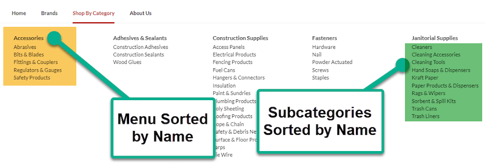 Menu Sorted by Name Subcategories SuiteCommerce Navigation