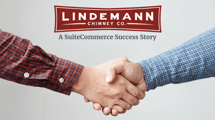 Two men shaking hands with the Lindeman Chimney Company logo in the background, symbolizing partnership and collaboration.