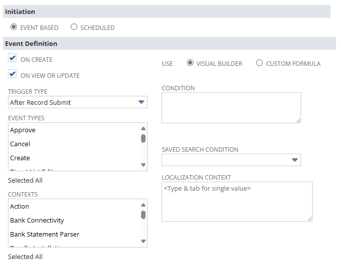 NetSuite Initiation Event Based Event Definition