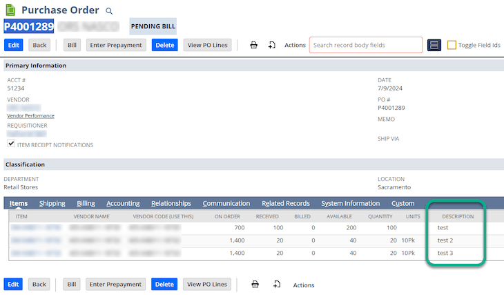 NetSuite Purchase Order Item Description Example
