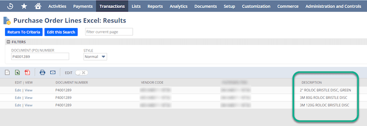 NetSuite Purchase Order Lines Excel Results Description