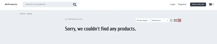 SuiteCommerce Sandbox 'No items showing in the /search URL' error page.