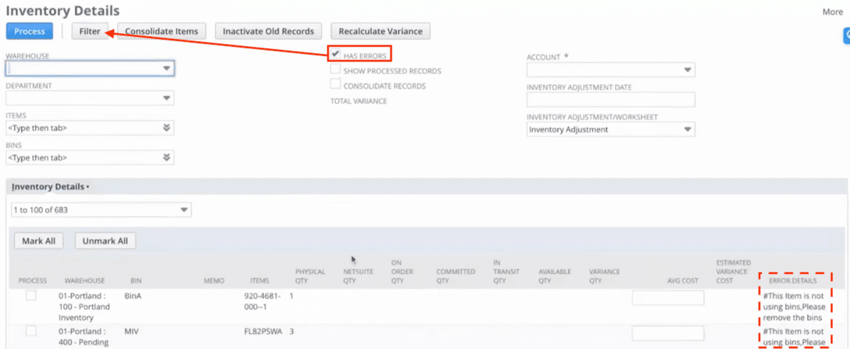 NetSuite Inventory Details Count Has Errors