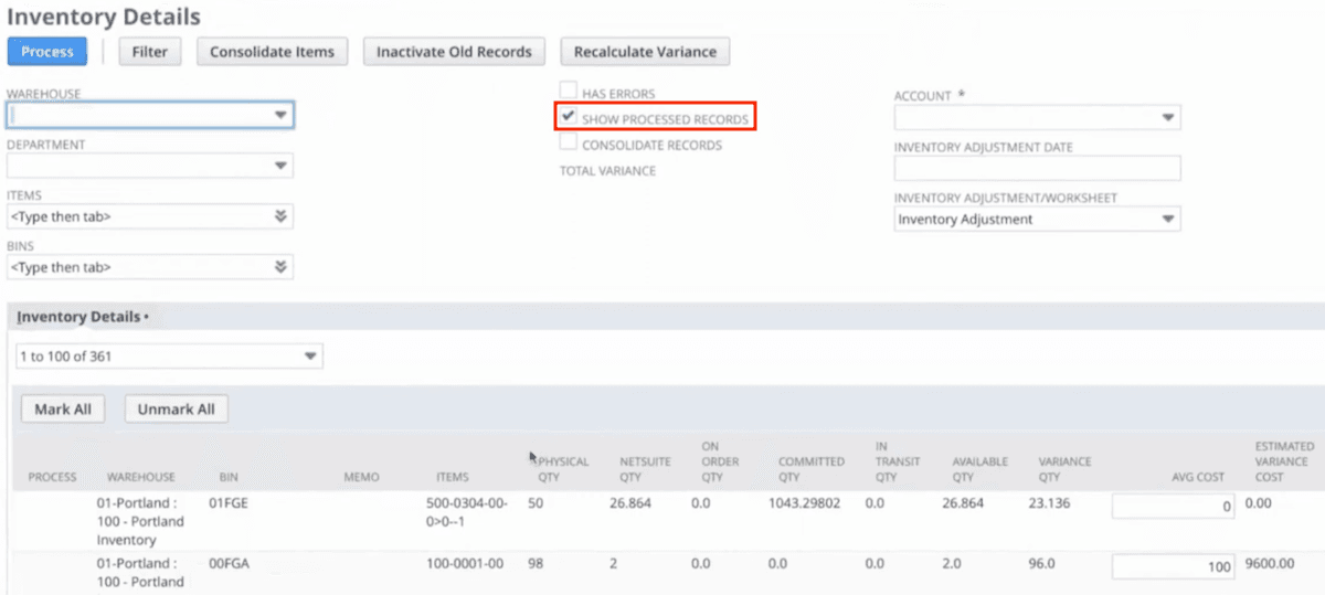 NetSuite Review Processed Transaction Inventory Count