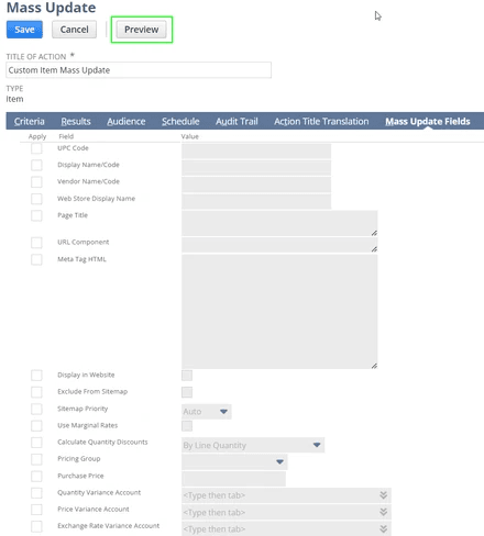 Mass Update page with preview button highlighted in green.