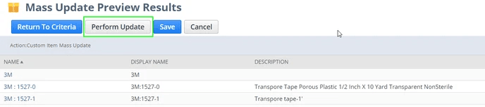 Mass Update Preview Results with the Perform Update button highlighted in green.
