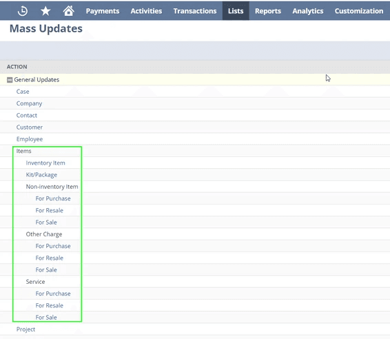 Mass Updates page with a Items list highlighted in green.