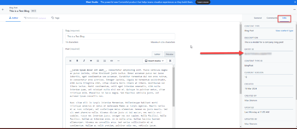 Contentful Blog Post Info Entry ID
