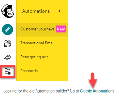 Mailchimp banner with Customer Journeys button highlighted.
