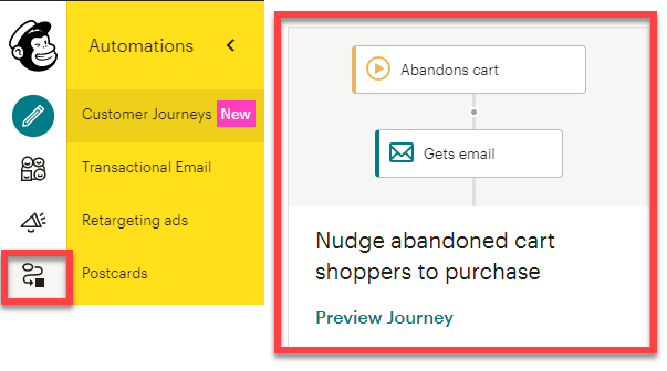 Mailchimp banner with page showing how to nudge abandon a cart shoppers are to purchase.