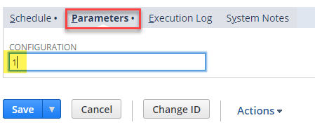 Parameters button highlighted with Configuration value being added below.