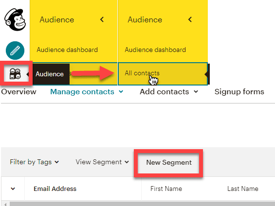 Mailchimp dropdown with the audience and all contacts buttons indicated, as well as New Segment.