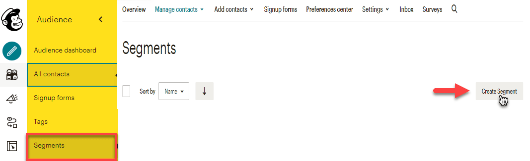 Mailchimp dropdown showing next steps to follow on the Segments page.