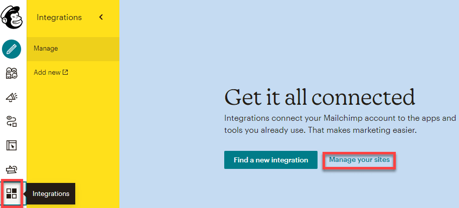 Mailchimp page showing a Get it all connected message.