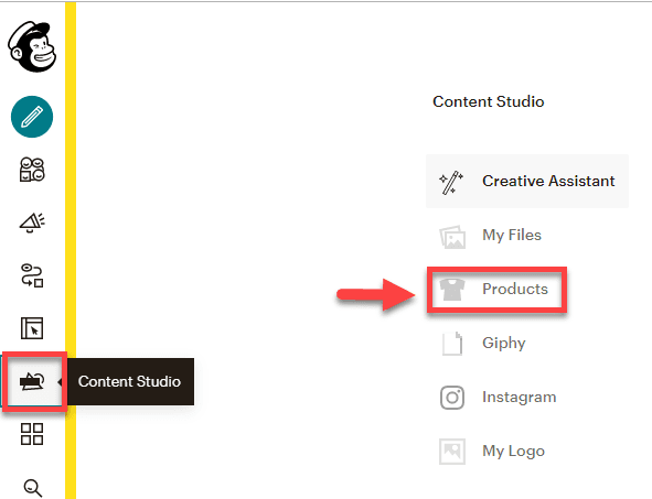 Mailchimp banner with Content Studio tab open, and the Products button highlighted.