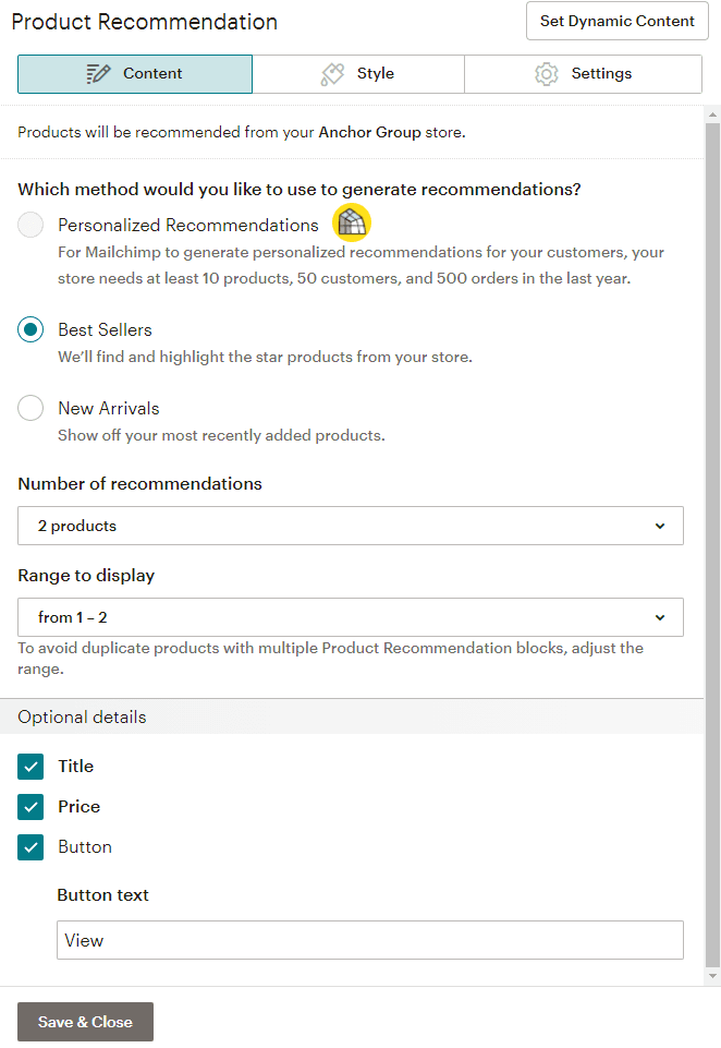 Product recommendations page showing various configurations.