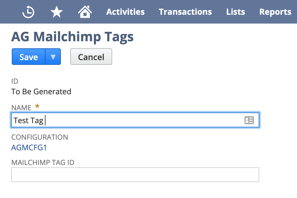 AG Mailchimp Tags page showing how to name a tag.
