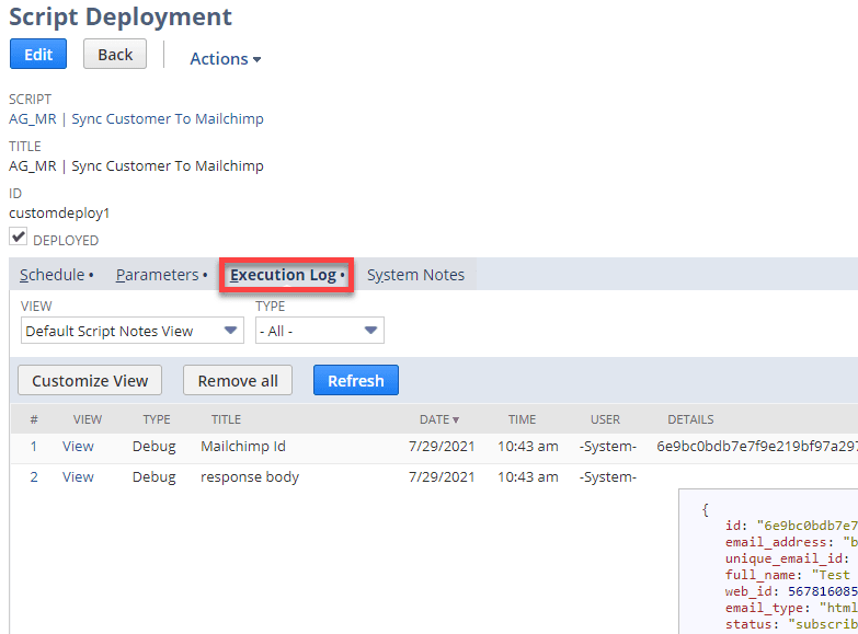 Script Deployment page with Execution Log highlighted in red.