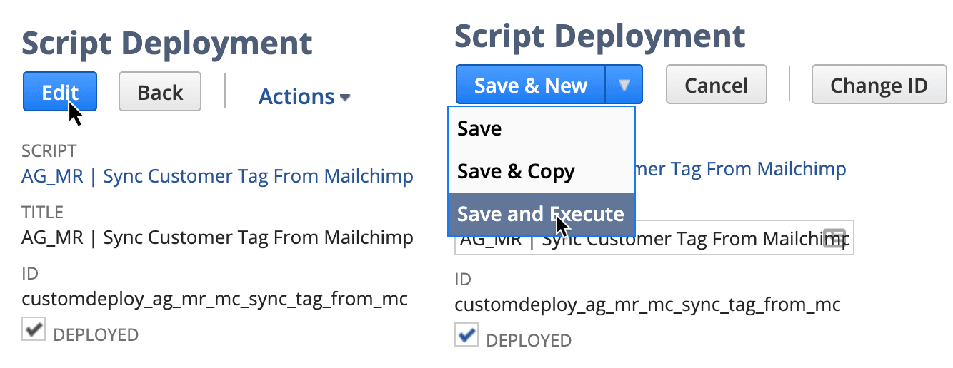 Script Deployment page with a cursor over the Edit button and Save and Execute dropdown option.