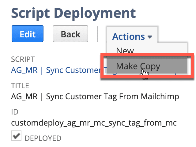 Script Deployment page with Make Copy option highlighted in red.