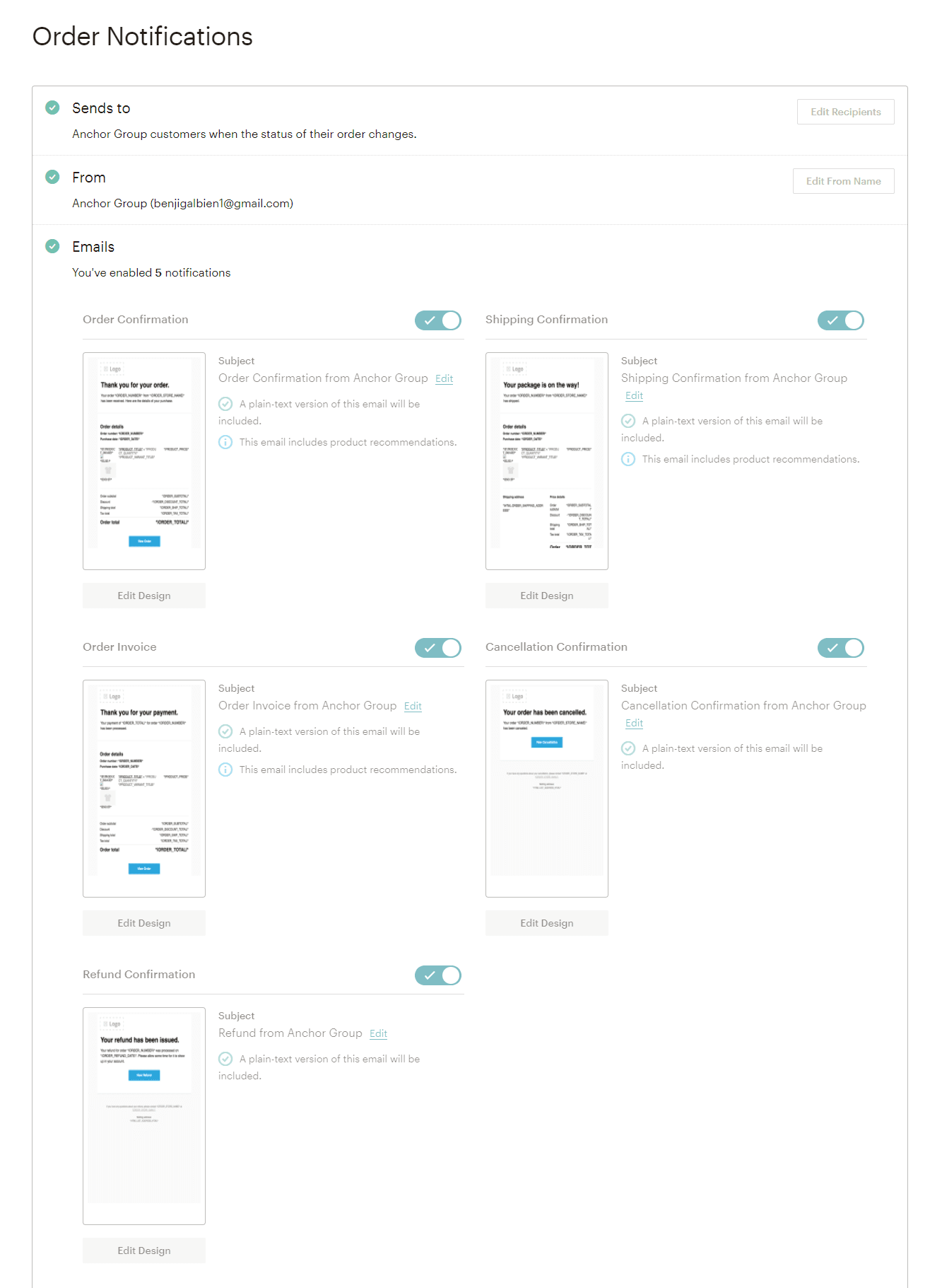 Order Notifications page displayed, showing the different possible elements.