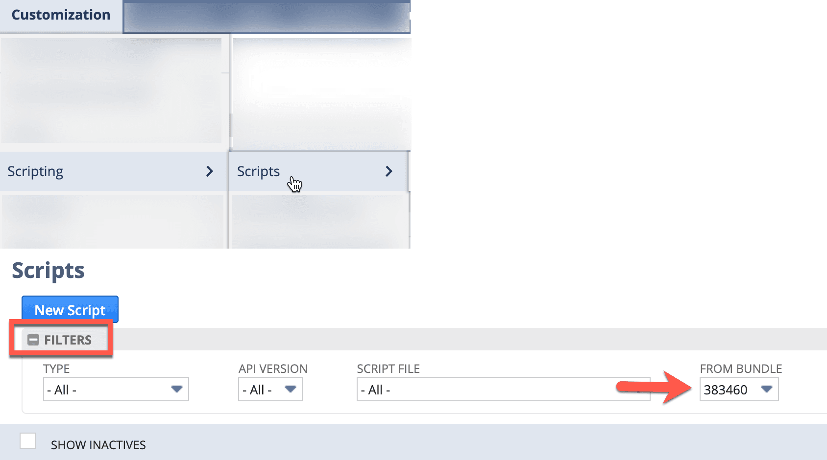 Scripts page with the Filters button highlighted, and an arrow.