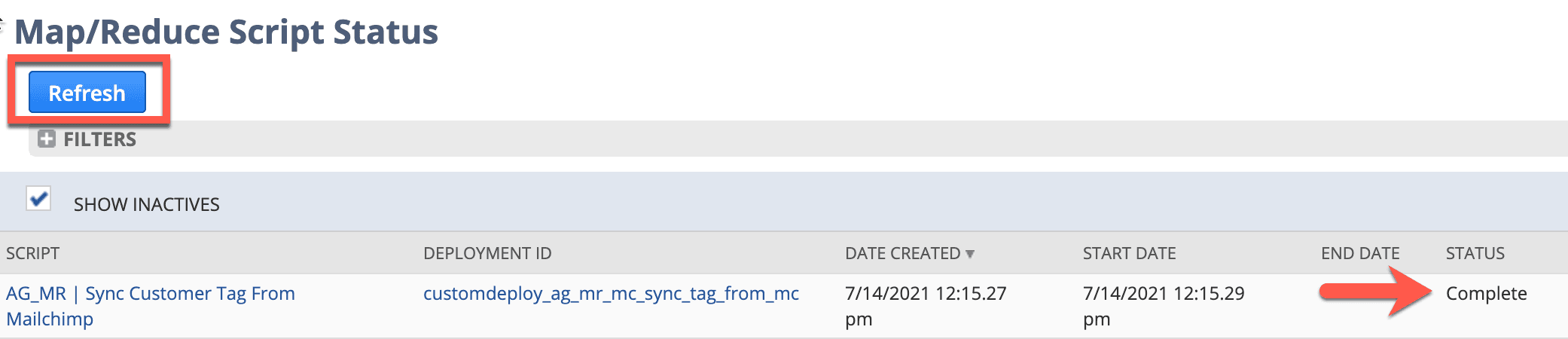 Map/Reduce Script Status page with the Refresh button highlighted in red.