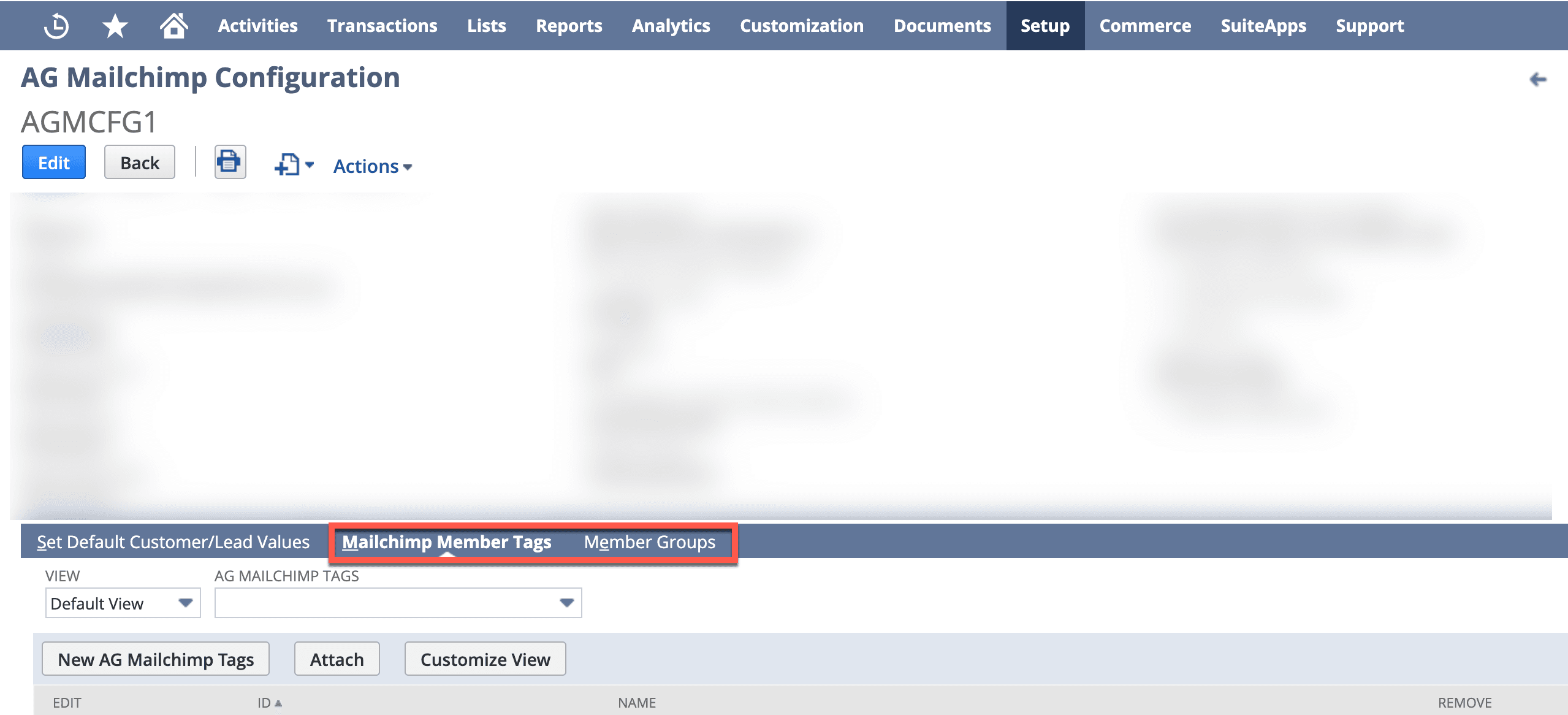 AG Mailchimp Configuration page with a button highlighted.
