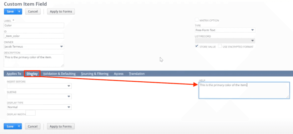 NetSuite Custom Item Field Record Display Help Text