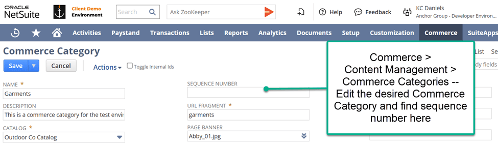 NetSuite Commerce Category Sequence Number Field
