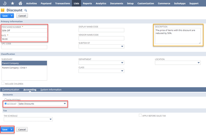 NetSuite 50 Percent Off Discount Record Example