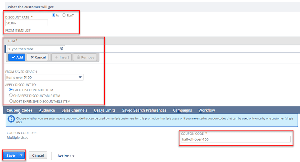 NetSuite Discount Rate Item Coupon Codes