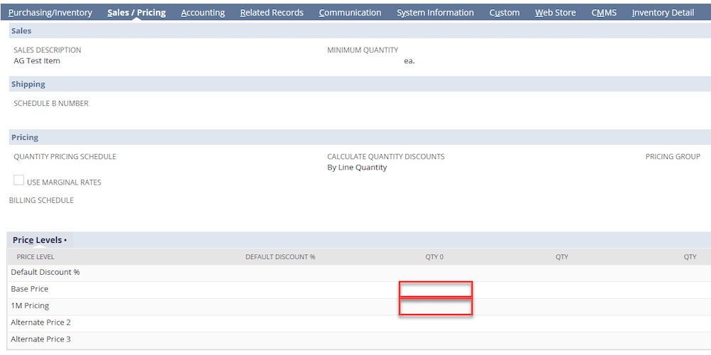NetSuite Sales Pricing Price Levels Quantity